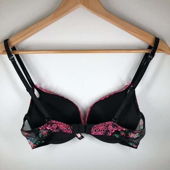 VICTORIA’S Secret  Sexy Little Thing Pink Embroidered Floral Black Bra 32C - Picture 4 of 6